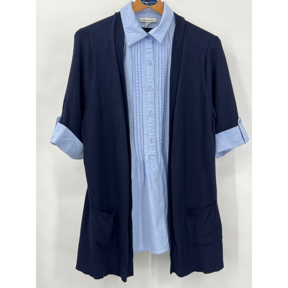Vtg Women's 1X Mock Shirt Sweater Cardigan Combo Pin tuck Cuffs Blue 1 Piece EUC